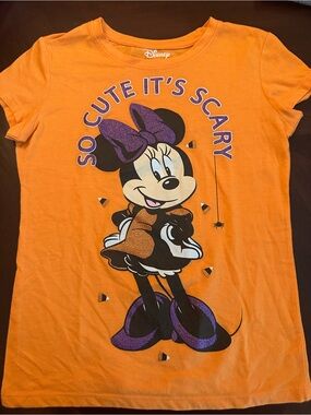 Disney Orange Minnie Mouse Halloween Tee with Purple Glitter Accents